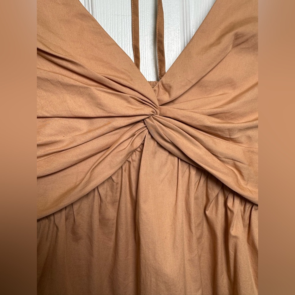 Intermix Twist Front Tiered Mini Dress Puff Sleeve 100% Cotton Tan Size 8 - Picture 4 of 12